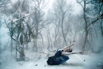 Картинка фэнтези фотоарт зима девушка лес птицы