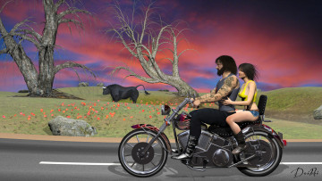 Картинка мотоциклы 3d цветы деревья дорога