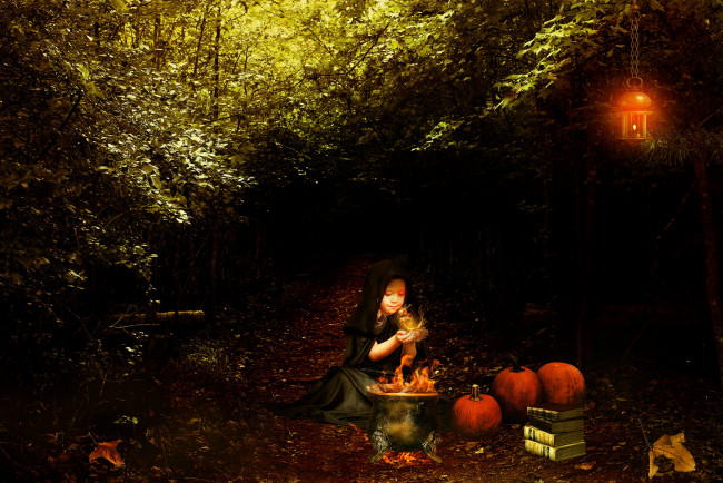 Обои картинки фото фэнтези, фотоарт, тыквы, лес, магия, девочка
