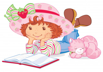 обоя векторная графика, дети, котик, мальчик, книга, шляпа, фон, взгляд