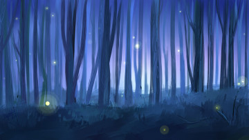 Картинка рисованное природа лес пейзаж светлячки ночь деревья