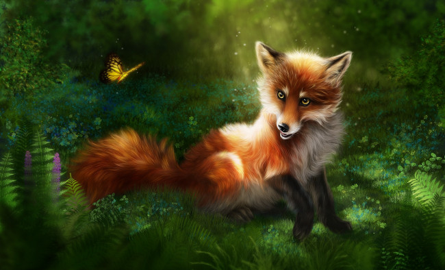 Обои картинки фото рисованное, животные,  лисы, трава, лисица, лиса, рыжая, бабочка, природа