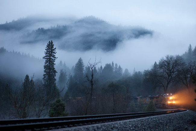 Обои картинки фото техника, поезда, туман, поезд, лес, горы