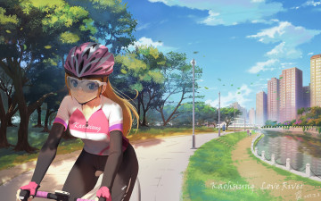 Картинка аниме город +улицы +здания девушка взгляд фон