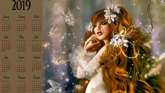 Обои картинки фото календари, фэнтези, цветы, девушка, бабочка