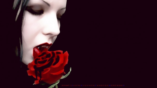 Обои картинки фото календари, фэнтези, девушка, вампир, роза, лицо, клыки, цветок