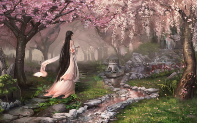 Обои картинки фото рисованное, люди, девушка, сад, сакура, ручей, камни
