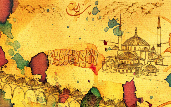 Обои картинки фото рисованное, города, мечеть, пятна, надпись