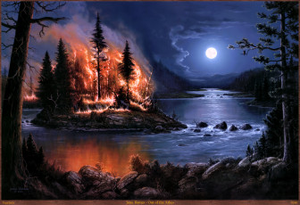 обоя jesse, barnes, out, of, the, ashes, рисованные, лес, пожар, огонь, остров, деревья, ночь, луна, арт, река