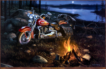 обоя charles, freitag, moonlight, reflections, рисованные, harley-davidson, мотоцикл, пейзаж, река, костёр