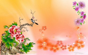 Картинка рисованные цветы ветка птица сорока