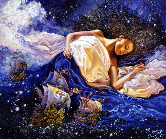 Обои картинки фото astral, voyage, фэнтези, josephine, wall, painting, woman, sleep, boats, fantasy, ships