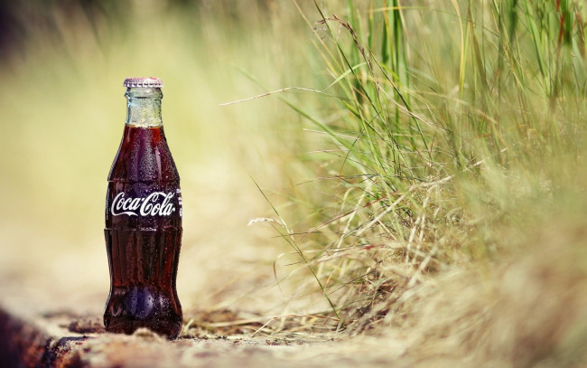 Обои картинки фото бренды, coca, cola, трава, бутылка