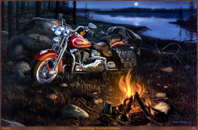 Обои картинки фото charles, freitag, moonlight, reflections, рисованные, harley-davidson, мотоцикл, пейзаж, река, костёр