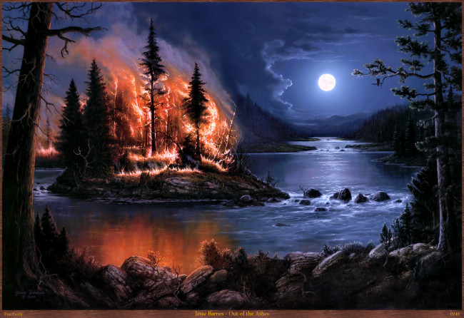 Обои картинки фото jesse, barnes, out, of, the, ashes, рисованные, лес, пожар, огонь, остров, деревья, ночь, луна, арт, река