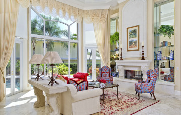 Картинка интерьер гостиная диваны окна элегантность стиль кресла дизайн гардины камин