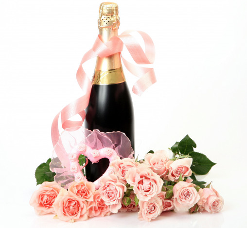 Обои картинки фото цветы, розы, шампанское, розовый, лента