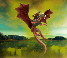 Картинка 3д+графика фантазия+ fantasy оружие мужчина горы дождь дракон полет
