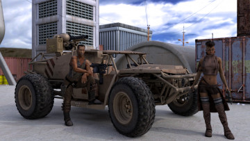 Картинка 3д+графика фантазия+ fantasy автомобиль взгляд мужчина оружие фон девушка
