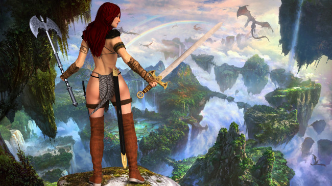 Обои картинки фото 3д графика, фантазия , fantasy, девушка, дракон, фон, оружие, взгляд