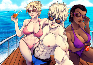 Картинка рисованное люди блондинка лодка очки вода девушка грудь лето афро черная купальник парень
