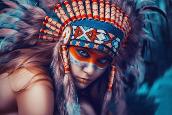 Картинка рисованное люди девушка индианка перья дикий запад холст тропа войны