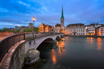 Картинка города цюрих+ швейцария дома фонарь цюрих шпиль мост