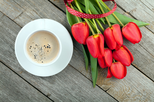 Обои картинки фото еда, кофе,  кофейные зёрна, тюльпаны, чашка