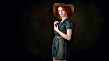 Картинка девушки -unsort+ рыжеволосые+и+другие платье взгляд шляпа