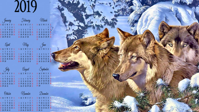 Обои картинки фото календари, рисованные,  векторная графика, зима, стая, волк, животное, снег