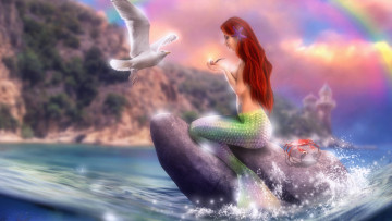 Картинка фэнтези фотоарт девушка фон камень хвост чайка