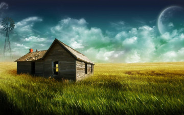 Картинка 3д+графика атмосфера настроение+ atmosphere+ +mood+ дом поле небо облака планета ветряк