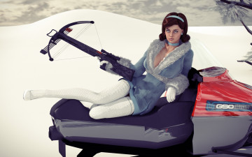 Картинка 3д+графика люди-авто мото+ people-+car+ +moto девушка фон взгляд снегоход арбалет