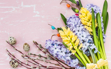 Картинка праздничные пасха цветы яйца colorful happy wood верба flowers easter eggs decoration hyacinth