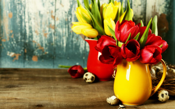 обоя праздничные, пасха, желтые, тюльпаны, красные, вазы, букеты