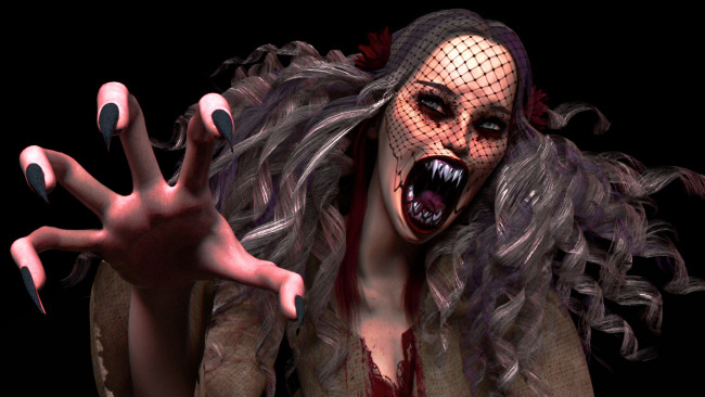 Обои картинки фото 3д графика, ужас , horror, девушка, фон, взгляд, оскал, зубы, когти