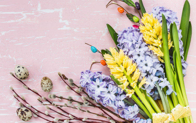 Обои картинки фото праздничные, пасха, цветы, яйца, colorful, happy, wood, верба, flowers, easter, eggs, decoration, hyacinth