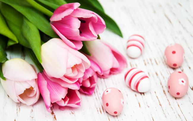 Обои картинки фото праздничные, пасха, цветы, яйца, тюльпаны, happy, wood, pink, flowers, tulips, easter, eggs, decoration