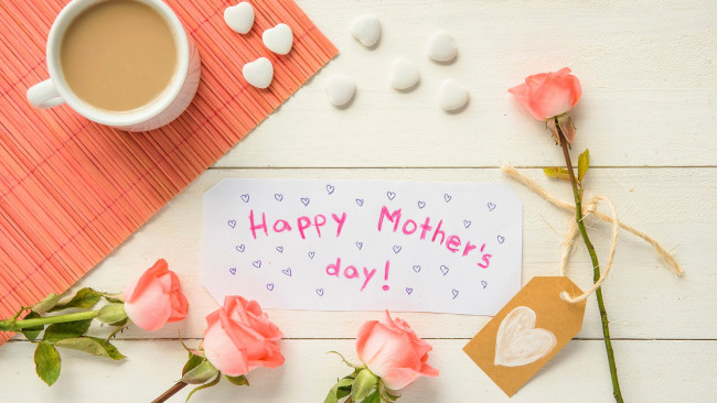 Обои картинки фото праздничные, день матери, розы, кофе, сердечки, надпись