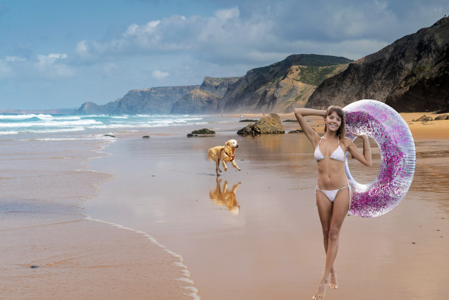 Обои картинки фото девушки, katya clover , катя скаредина, море, пляж, собака, бикини