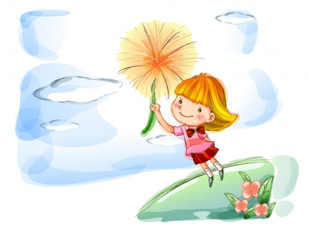 Обои картинки фото рисованное, дети, девочка, цветок, полет