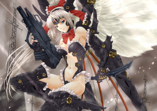 Картинка аниме weapon blood technology pandaraion меха девушка робот оружие нож автомат крылья