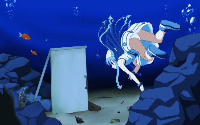 Обои картинки фото аниме, shinryaku, ika, musume, девушка, вода, камни, водоросли, дно