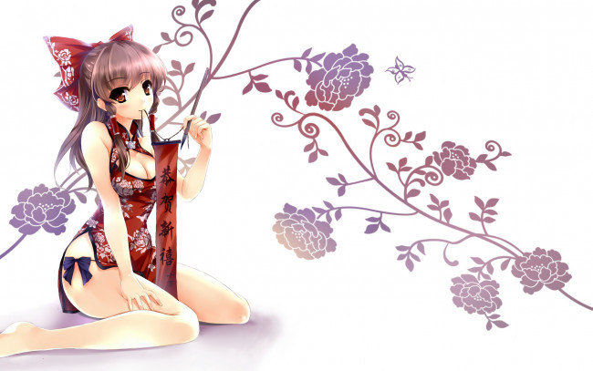 Обои картинки фото аниме, touhou, бантик, узор, цветы, девушка