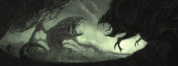 Картинка фэнтези существа гигантские битва раны кровь озеро монстры арт человек вода