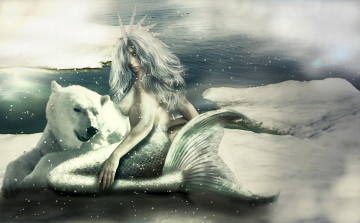 Картинка фэнтези русалки снег лед русалка белый медведь море