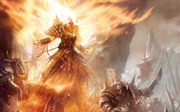Картинка фэнтези маги +волшебники пламя маг девушка скалы битва орки