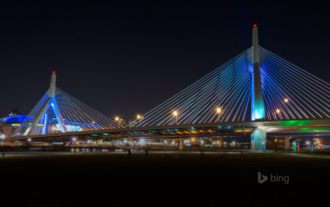 Обои картинки фото leonard p,  zakim bunker hill memorial bridge,  boston, города, - мосты, огни, ночь