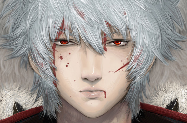 Обои картинки фото аниме, gintama, красные, глаза, белые, волосы, парень, кровь, sakata, gintoki