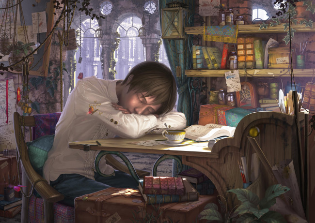 Обои картинки фото аниме, *unknown , другое, стол, reishin, art, парень, бардак, цветы, книги, чашка, сон